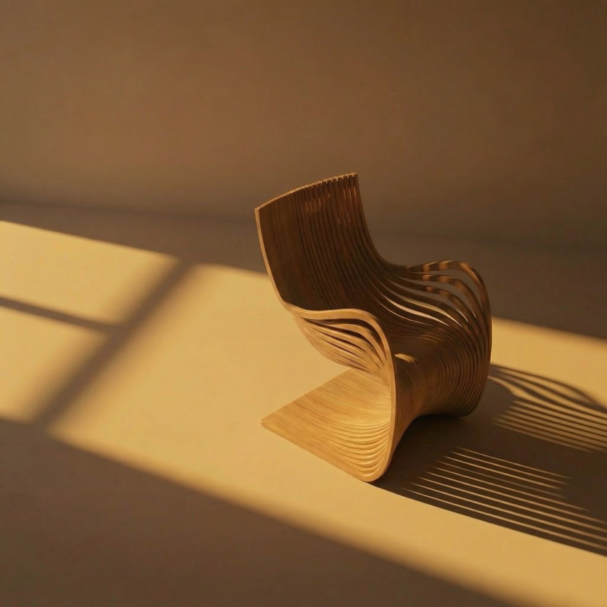 Кресло из ламелей в тёплом свете